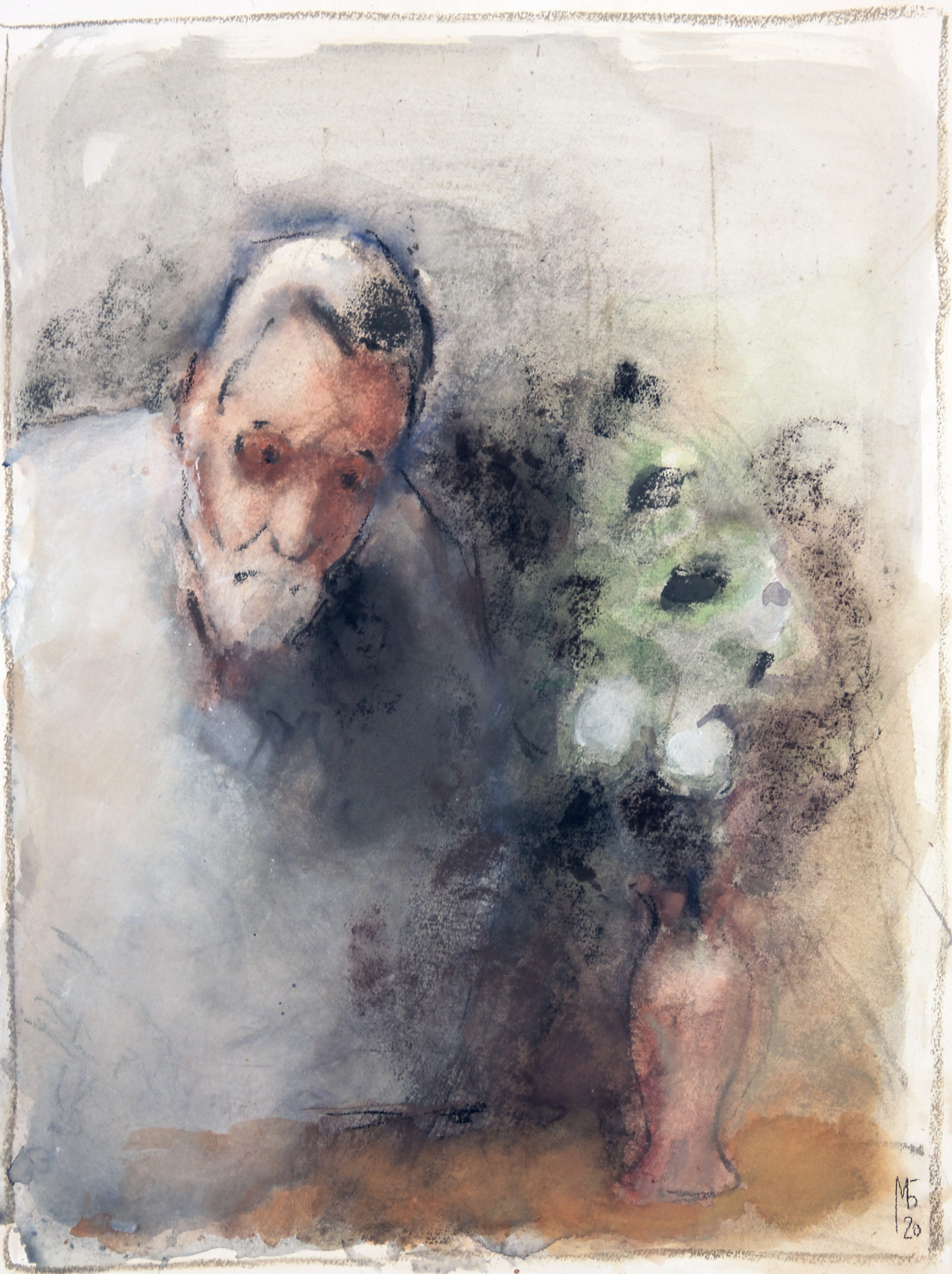 «Автопортрет с цветами», 2020 год, бумага/смешанная техника, 60x47.