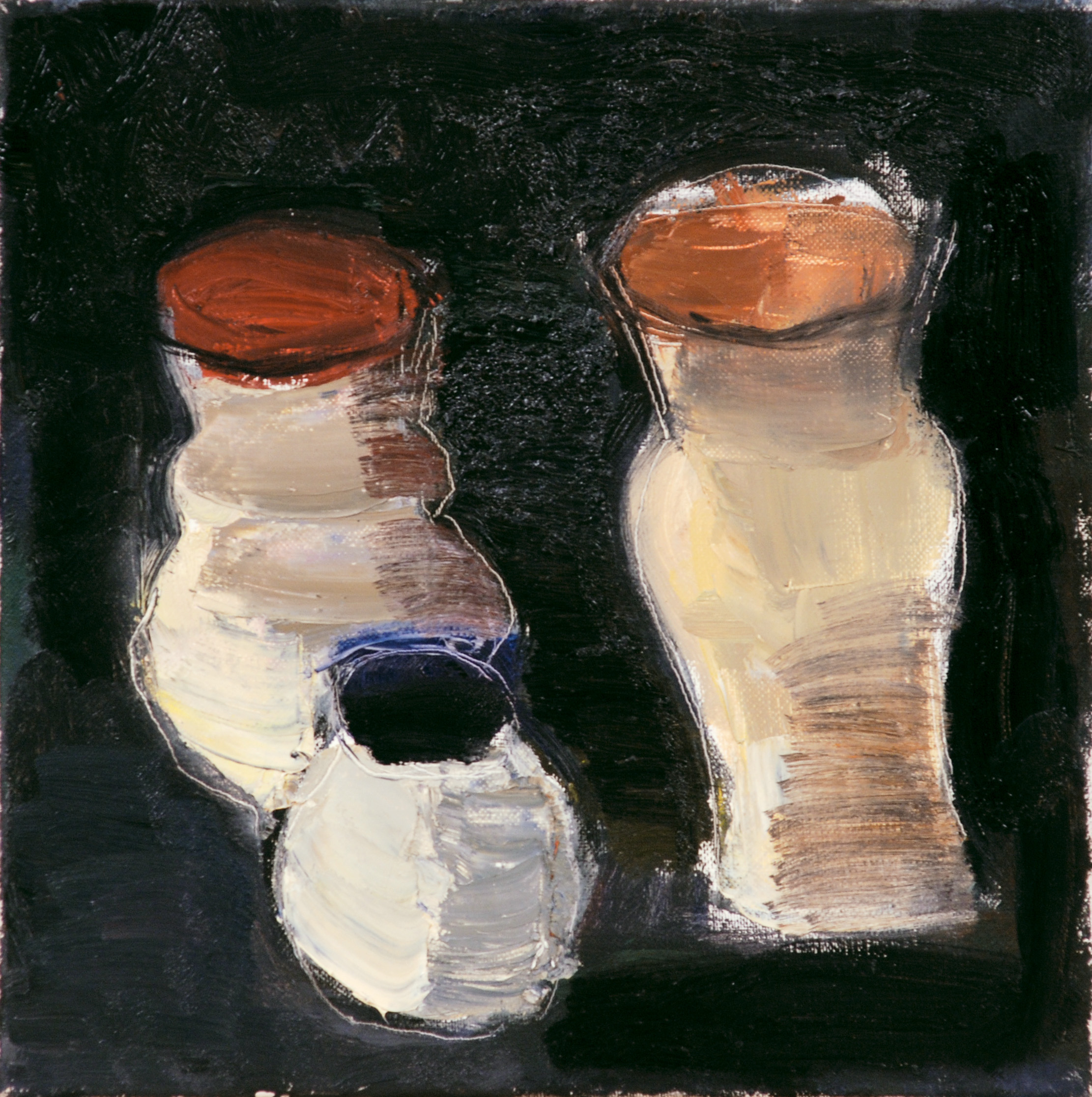 «Белые вазы на черном фоне», 2004 год, холст/масло, 45х45.