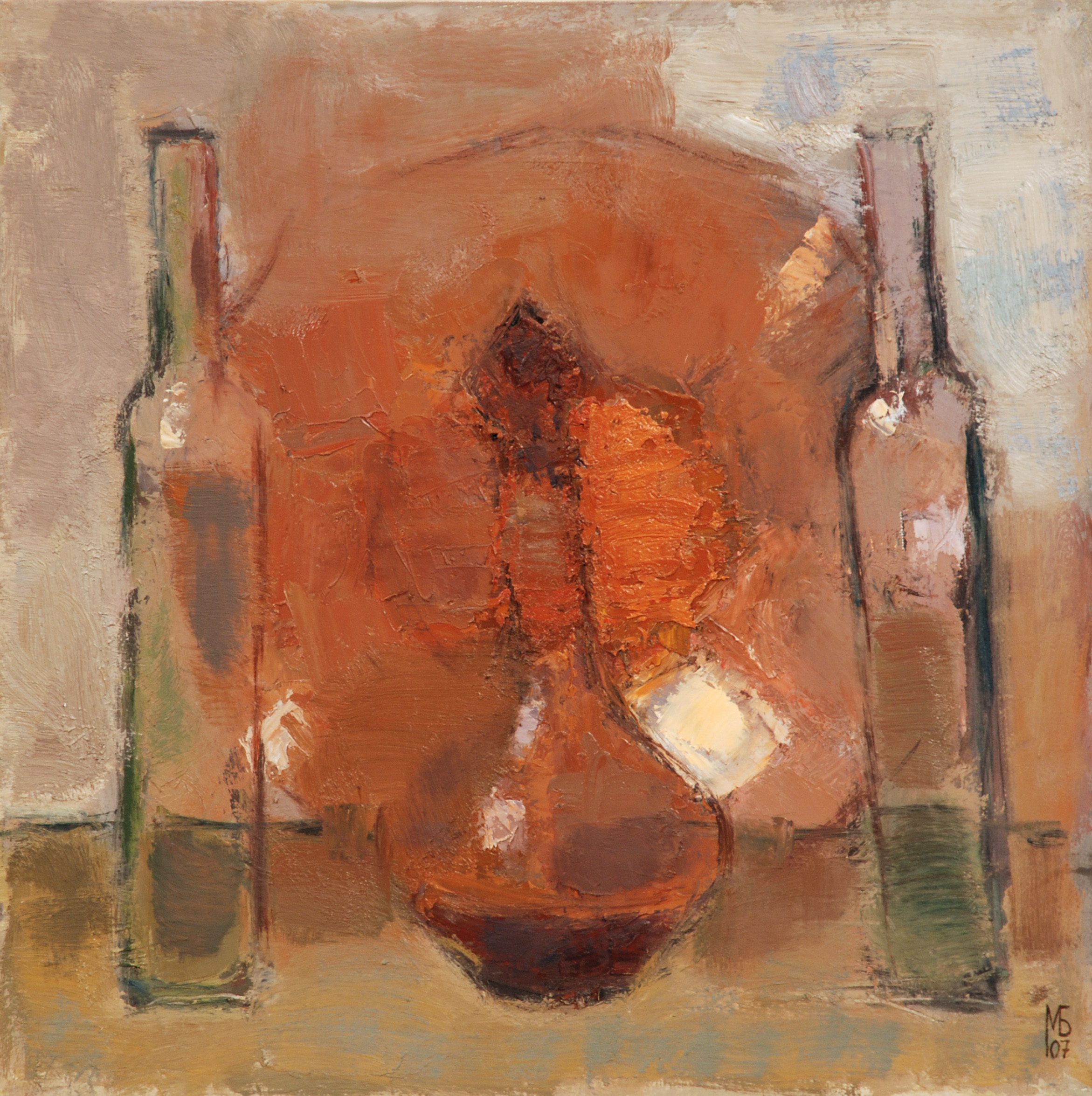 «Две бутылки, графин и блюдо», 2007 год, холст/масло, 50х50.