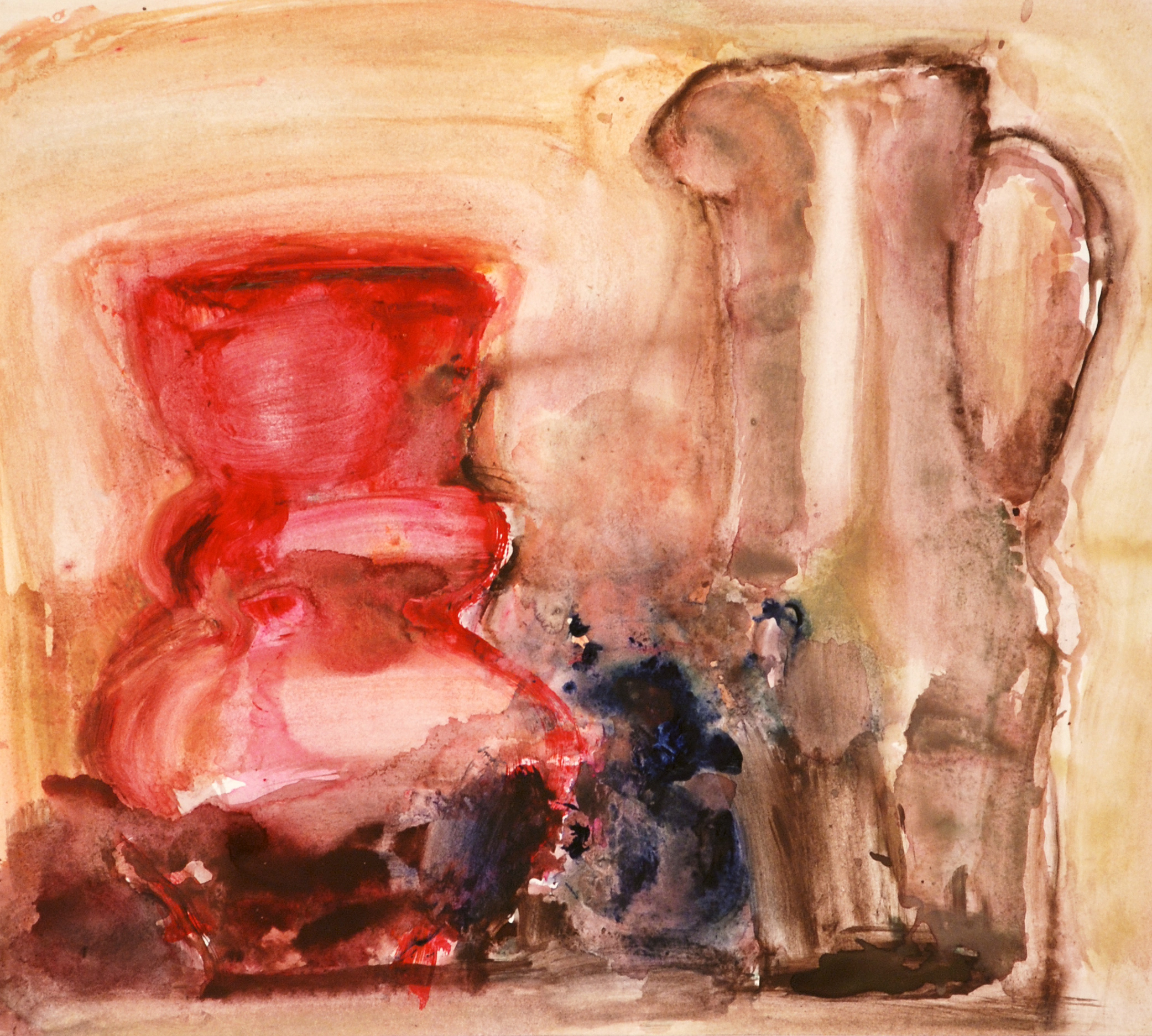 «Красная ваза и кувшин», 2001 год, бумага/смешанная техника, 46,5х51,5.